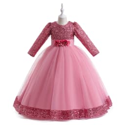 Long Sleeve Sequin Bridesmaid Girls Dresses Elegant Tulle Flower Wedding Princess Kids Party Dress for Girl Bow Chrismas Costume