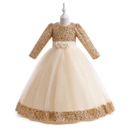 Long Sleeve Sequin Bridesmaid Girls Dresses Elegant Tulle Flower Wedding Princess Kids Party Dress for Girl Bow Chrismas Costume