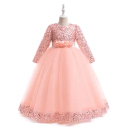 Long Sleeve Sequin Bridesmaid Girls Dresses Elegant Tulle Flower Wedding Princess Kids Party Dress for Girl Bow Chrismas Costume