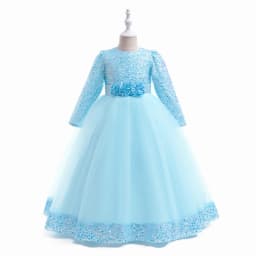 Long Sleeve Sequin Bridesmaid Girls Dresses Elegant Tulle Flower Wedding Princess Kids Party Dress for Girl Bow Chrismas Costume