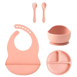 Color Kids 5PCS Silicone Baby Feeding Set Suction Dishes Plate BPA Free Sucker Bowl Bib Spoon Fork Training Tableware Gift Set