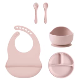 Color Kids 5PCS Silicone Baby Feeding Set Suction Dishes Plate BPA Free Sucker Bowl Bib Spoon Fork Training Tableware Gift Set