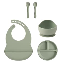 Color Kids 5PCS Silicone Baby Feeding Set Suction Dishes Plate BPA Free Sucker Bowl Bib Spoon Fork Training Tableware Gift Set