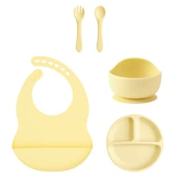 Color Kids 5PCS Silicone Baby Feeding Set Suction Dishes Plate BPA Free Sucker Bowl Bib Spoon Fork Training Tableware Gift Set