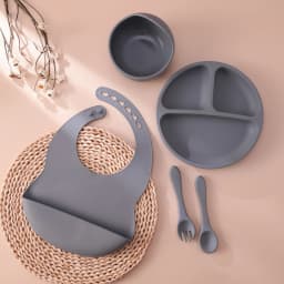 Color Kids 5PCS Silicone Baby Feeding Set Suction Dishes Plate BPA Free Sucker Bowl Bib Spoon Fork Training Tableware Gift Set