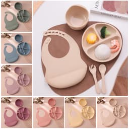 Color Kids 5PCS Silicone Baby Feeding Set Suction Dishes Plate BPA Free Sucker Bowl Bib Spoon Fork Training Tableware Gift Set