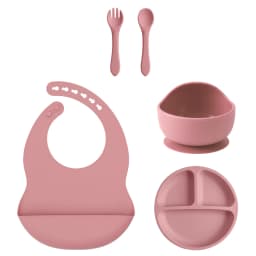Color Kids 5PCS Silicone Baby Feeding Set Suction Dishes Plate BPA Free Sucker Bowl Bib Spoon Fork Training Tableware Gift Set