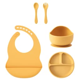 Color Kids 5PCS Silicone Baby Feeding Set Suction Dishes Plate BPA Free Sucker Bowl Bib Spoon Fork Training Tableware Gift Set
