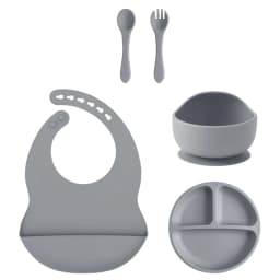 Color Kids 5PCS Silicone Baby Feeding Set Suction Dishes Plate BPA Free Sucker Bowl Bib Spoon Fork Training Tableware Gift Set
