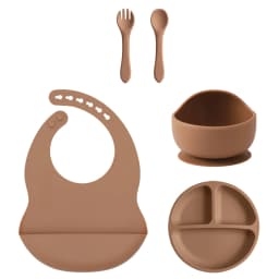 Color Kids 5PCS Silicone Baby Feeding Set Suction Dishes Plate BPA Free Sucker Bowl Bib Spoon Fork Training Tableware Gift Set