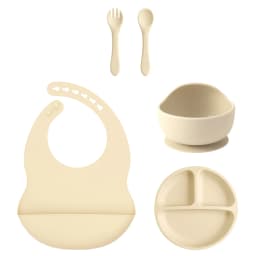 Color Kids 5PCS Silicone Baby Feeding Set Suction Dishes Plate BPA Free Sucker Bowl Bib Spoon Fork Training Tableware Gift Set