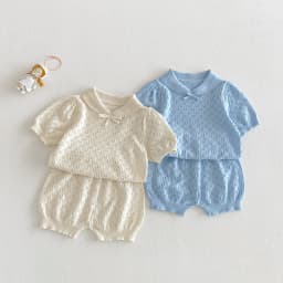 Infant Forest-Style Hollow Knit Short-Sleeve Top and Shorts Set, 2026 Summer New Arrival, Korean-Style Chic Baby Girl Outfit