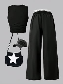 2-Piece Star Print Crop Top & Cargo Pants Set Girls Summer Casual Y2K Streetwear Outfit