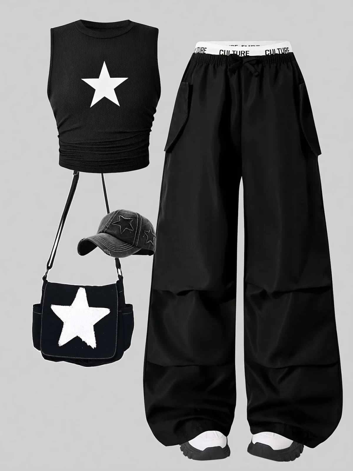 2-Piece Star Print Crop Top & Cargo Pants Set Girls Summer Casual Y2K Streetwear Outfit