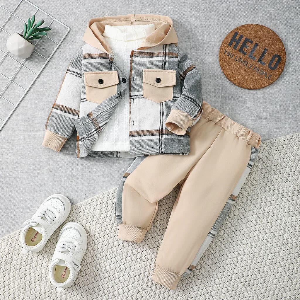 Fashion Autumn Toddler Baby Boys Plaid Hooded 2Pcs Outfit Jacket+Pants for 0-3Y Newborn Infant Casual Daily WearClothing Set