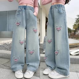 Spring Autumn New Girls Jeans Heart-Shaped Print Hole Straight-leg Pants For 5 6 8 10 12 14 Years Teen Girls Stylish Trousers
