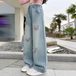 Spring Autumn New Girls Jeans Heart-Shaped Print Hole Straight-leg Pants For 5 6 8 10 12 14 Years Teen Girls Stylish Trousers