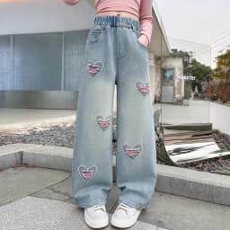 Spring Autumn New Girls Jeans Heart-Shaped Print Hole Straight-leg Pants For 5 6 8 10 12 14 Years Teen Girls Stylish Trousers