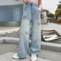 Spring Autumn New Girls Jeans Heart-Shaped Print Hole Straight-leg Pants For 5 6 8 10 12 14 Years Teen Girls Stylish Trousers