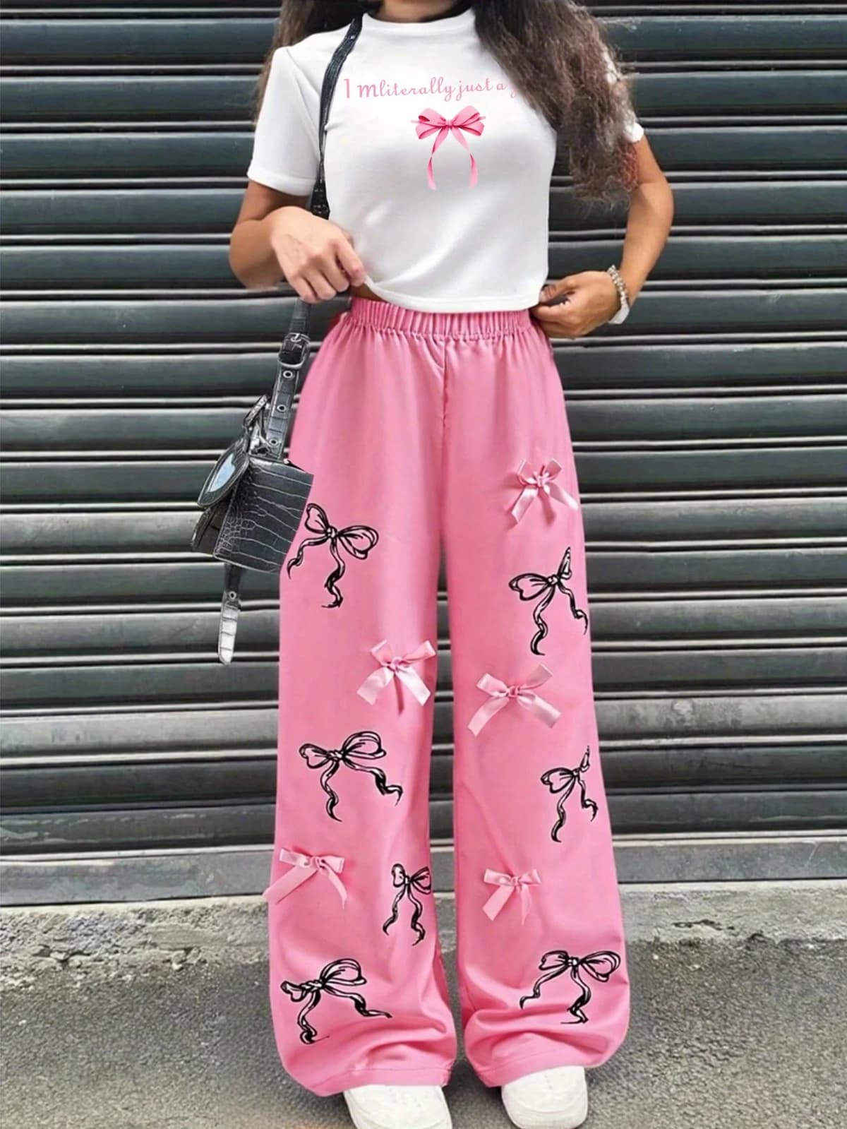 Girls' Casual Long Pants Set, Youth Girls' Letter-Print Short-Sleeve T-Shirt and Hot Pink Bow Wide-Leg Pants Casual Two-Piece Set Suitable for Children Aged 5-13, Suitable for Various Occasions