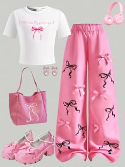 Girls' Casual Long Pants Set, Youth Girls' Letter-Print Short-Sleeve T-Shirt and Hot Pink Bow Wide-Leg Pants Casual Two-Piece Set Suitable for Children Aged 5-13, Suitable for Various Occasions