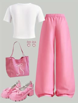 Girls' Casual Long Pants Set, Youth Girls' Letter-Print Short-Sleeve T-Shirt and Hot Pink Bow Wide-Leg Pants Casual Two-Piece Set Suitable for Children Aged 5-13, Suitable for Various Occasions