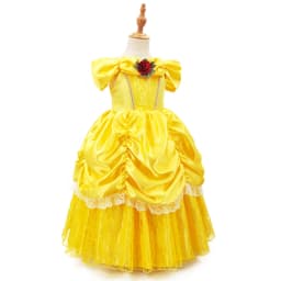 Girls Belle Princess Dress Yellow Party Dress Puff Sleeve Ruched Bodice Lace Hem Princess Gown for Kids Halloween Cosplay Party