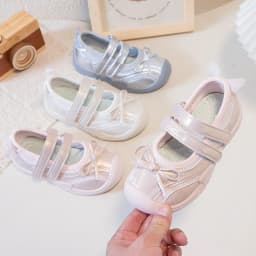 Little Girls Bow Mesh Sneakers, Dual Hook & Loop Straps, Breathable Upper, Non Slip Soft Sole Shoes for Daily Outdoor Wear
