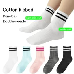 Kids Boys Girls Cotton Socks - Seamless Double Needle Ribbed 2-Stripe, Teens Students All Season School Home Sports Socks