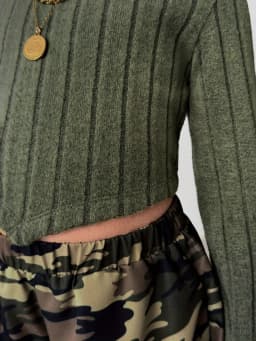 Trendy Girls 2Pcs Co-Ord, Olive Ribbed Long Sleeve Crop Top & Camouflage Wide Leg Trousers for Daily Street Style