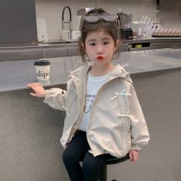 Girls Hooded Windbreaker Jacket 2026 Spring Autumn Cute Bow Zipper Lightweight Outerwear Casual Waterproof Coat For Kids 4-12Yrs