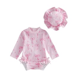 Toddler Baby Girl Rash Guard Swimsuit Bow Print Ruffled Long Sleeve Round Neck Beachwear Jumpsuit and Hat Swimwear 2Pcs Set