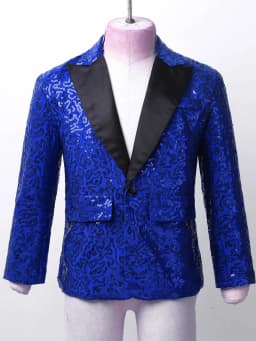 Kids Boys Shiny Sequins Coat Modren Competition Dance Performance Jacket Banquet Party Long Sleeve Tuxedo Suit with Fedora Hat