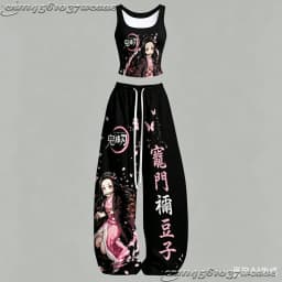 2026 New Universal Tank Top Wide Leg Pants Set Demon Slayer Kokushibo Dark Anime Print Two Piece Outfit Non-Cotton Family Kids
