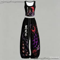 2026 New Universal Tank Top Wide Leg Pants Set Demon Slayer Kokushibo Dark Anime Print Two Piece Outfit Non-Cotton Family Kids