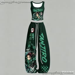 2026 New Universal Tank Top Wide Leg Pants Set Demon Slayer Kokushibo Dark Anime Print Two Piece Outfit Non-Cotton Family Kids