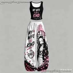 2026 New Universal Tank Top Wide Leg Pants Set Demon Slayer Kokushibo Dark Anime Print Two Piece Outfit Non-Cotton Family Kids