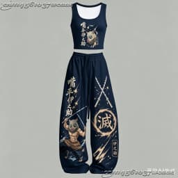 2026 New Universal Tank Top Wide Leg Pants Set Demon Slayer Kokushibo Dark Anime Print Two Piece Outfit Non-Cotton Family Kids