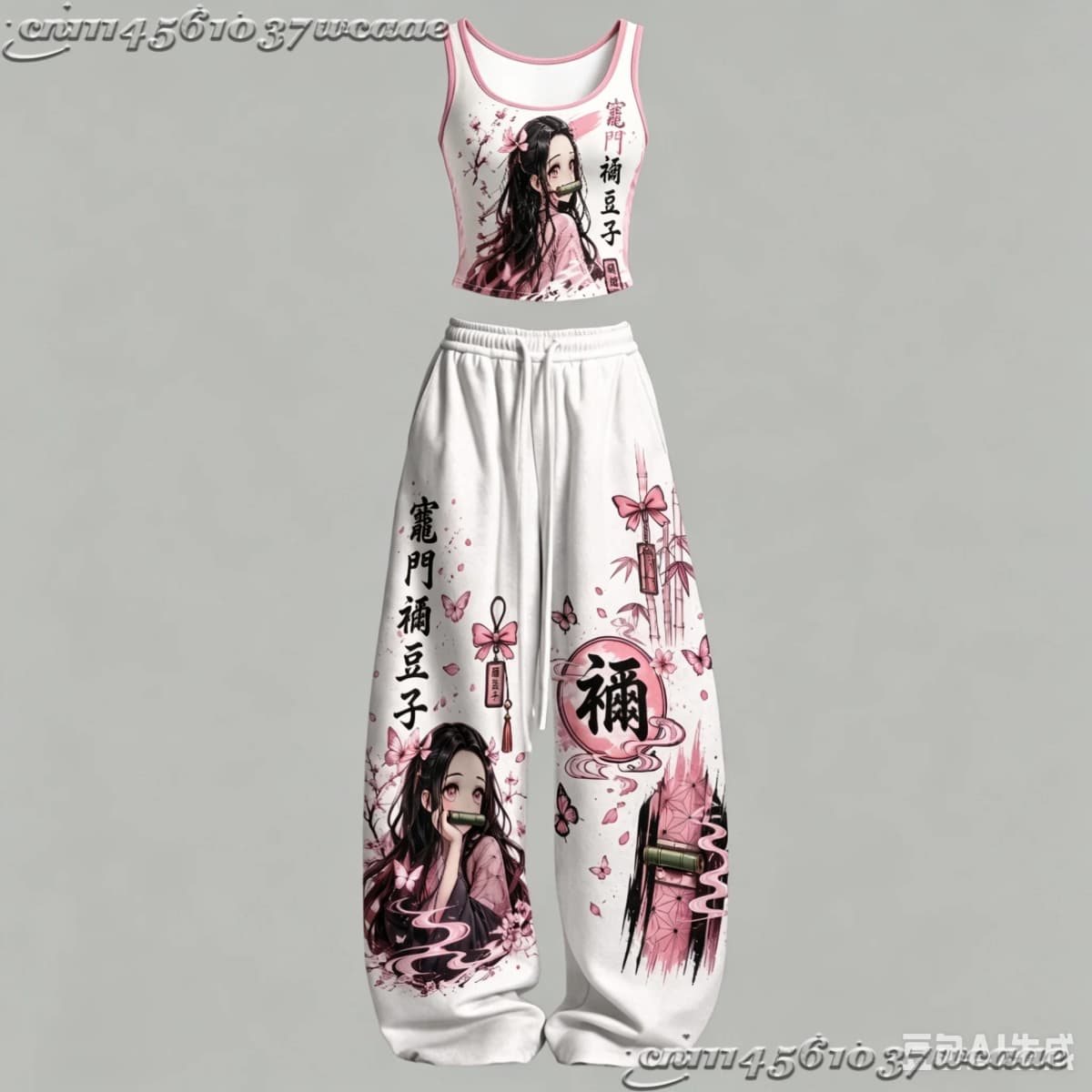 2026 New Universal Tank Top Wide Leg Pants Set Demon Slayer Kokushibo Dark Anime Print Two Piece Outfit Non-Cotton Family Kids