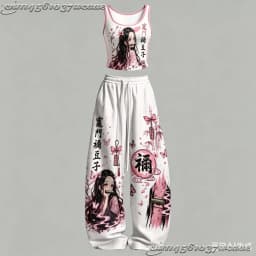 2026 New Universal Tank Top Wide Leg Pants Set Demon Slayer Kokushibo Dark Anime Print Two Piece Outfit Non-Cotton Family Kids