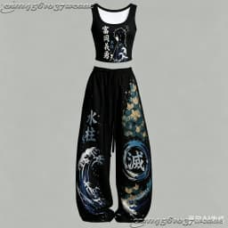 2026 New Universal Tank Top Wide Leg Pants Set Demon Slayer Kokushibo Dark Anime Print Two Piece Outfit Non-Cotton Family Kids