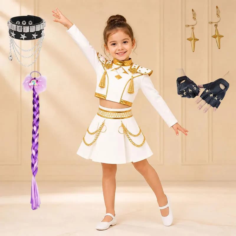 White Gold Girls 2 Piece Dance Costume Popular Korean Music Performance Clothing Kids Birthday Party Cosplay Singer Team Uniform