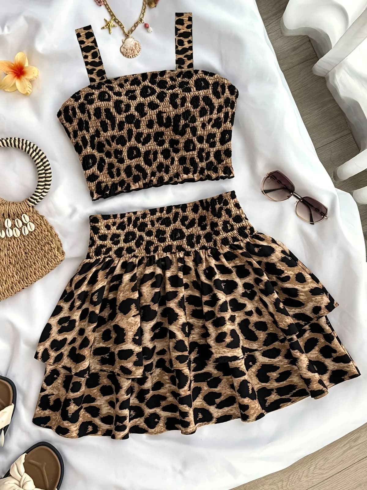 Comfy Kids Girls Summer Two Piece Set, All Over Leopard Print Smocked Camisole & Elastic Waist Layered Skirt for Outdoor Party