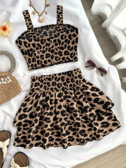 Comfy Kids Girls Summer Two Piece Set, All Over Leopard Print Smocked Camisole & Elastic Waist Layered Skirt for Outdoor Party