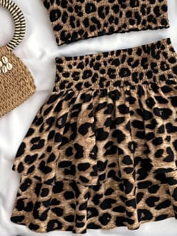 Comfy Kids Girls Summer Two Piece Set, All Over Leopard Print Smocked Camisole & Elastic Waist Layered Skirt for Outdoor Party