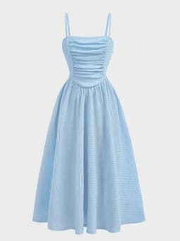 Youth Girls Light Blue Square Neck Ruched Bust Swing Cami Midi Dress, Slim Fit, Casual Style, Lightweight, Summer Teen Fashion