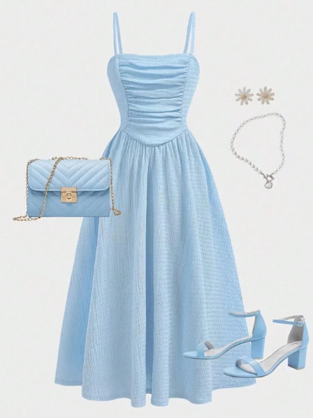 Youth Girls Light Blue Square Neck Ruched Bust Swing Cami Midi Dress, Slim Fit, Casual Style, Lightweight, Summer Teen Fashion
