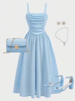 Youth Girls Light Blue Square Neck Ruched Bust Swing Cami Midi Dress, Slim Fit, Casual Style, Lightweight, Summer Teen Fashion