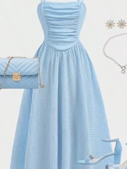 Youth Girls Light Blue Square Neck Ruched Bust Swing Cami Midi Dress, Slim Fit, Casual Style, Lightweight, Summer Teen Fashion
