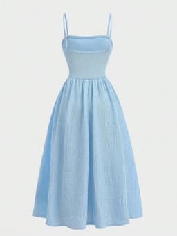 Youth Girls Light Blue Square Neck Ruched Bust Swing Cami Midi Dress, Slim Fit, Casual Style, Lightweight, Summer Teen Fashion